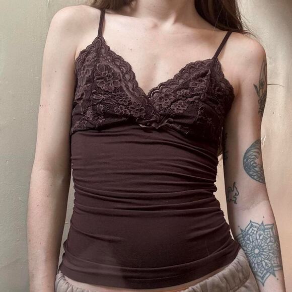 Vintage Y2K Brown Lace Camisole Ruched Small - Picture 1 of 2